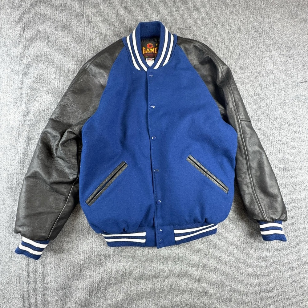 Game Sportswear Jacket Mens Medium Blue Wool Varsity Snap Front Bomber USA